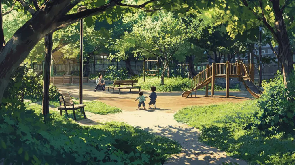 Familyninjaplaypark | my stellaマイステラブログ|子どもの好きが育つヒントと親子の時間 公園で忍者ごっこをする5歳と8歳の兄弟と父親