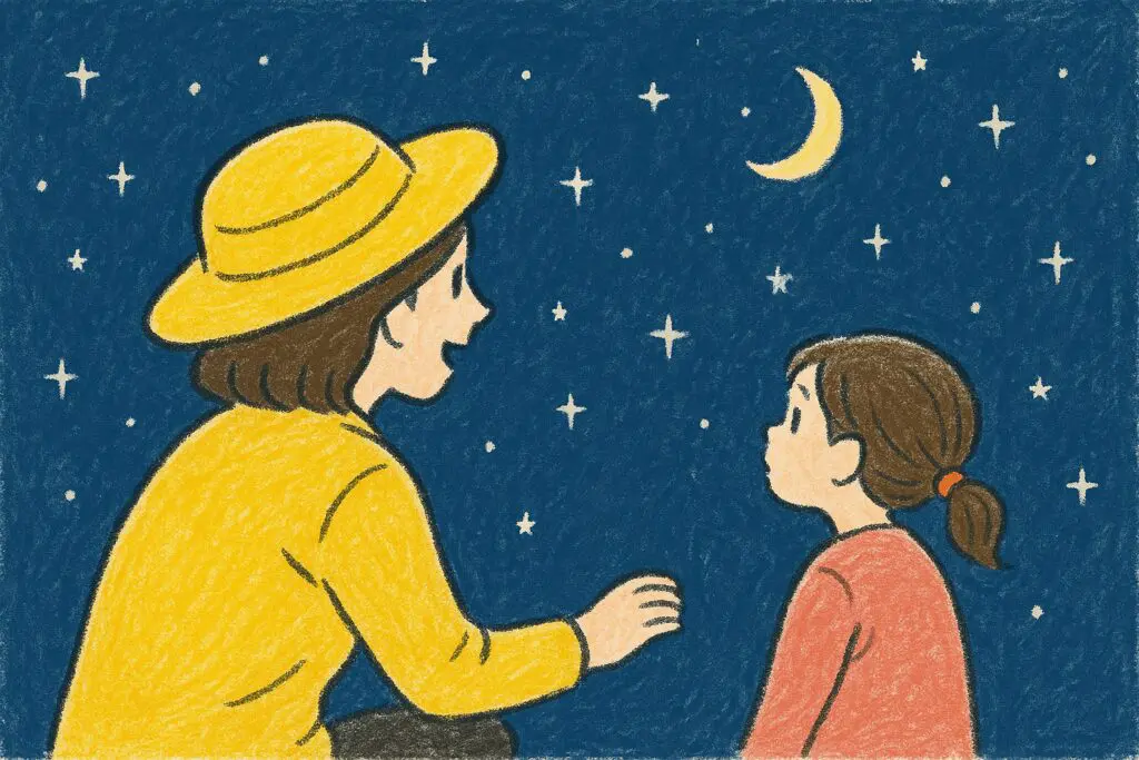 星空を見上げる親子の後ろ姿|おさるのジョージ式育児法の実践例 | my stellaマイステラブログ|子どもの好きが育つヒントと親子の時間 星空を一緒に見上げる黄色い帽子の親と子ども