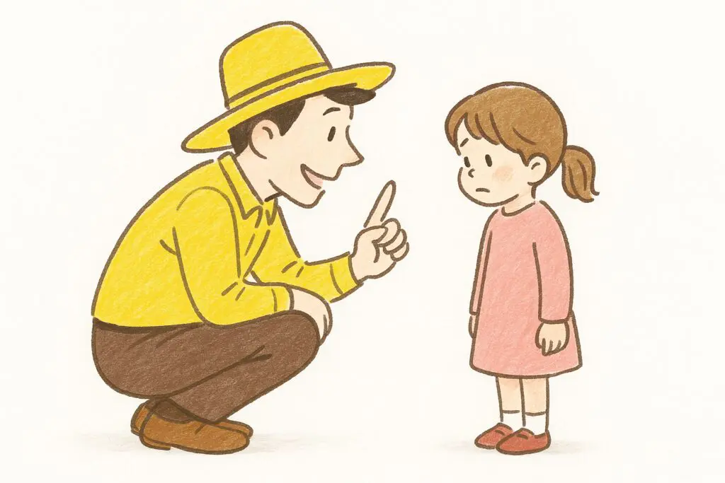 信頼関係を育てる親子の対話シーン|黄色い帽子のおじさん式育児 | my stellaマイステラブログ|子どもの好きが育つヒントと親子の時間 子どもの目線にしゃがんで優しく話しかける黄色い帽子の親