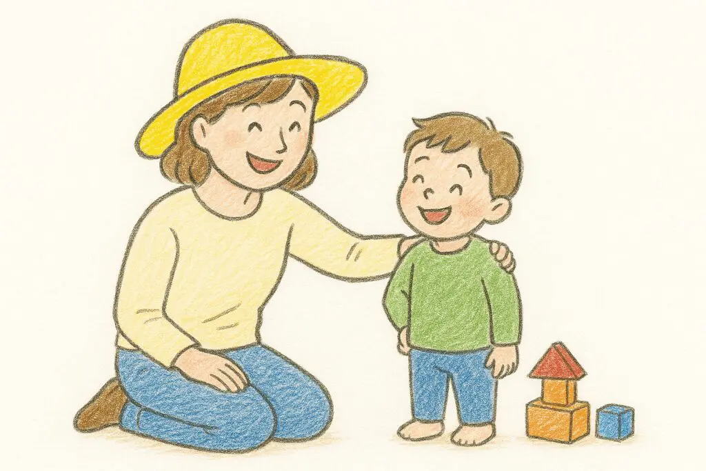 信頼と安心を育む親子の時間|黄色い帽子の育児モデル | my stellaマイステラブログ|子どもの好きが育つヒントと親子の時間 黄色い帽子をかぶった母親が、笑顔の子どもに寄り添っている
