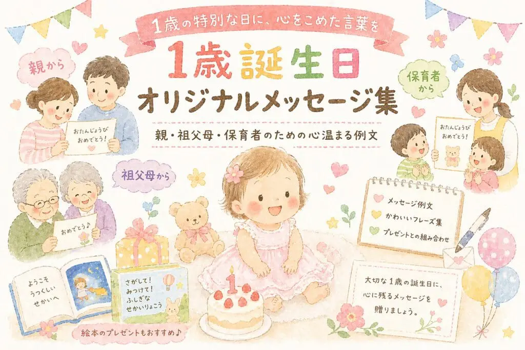 Central baby girl in pink dress at a birthday scene with cake, family cards, and cheering relatives in soft pastel colors, celebrating 1st birthday.