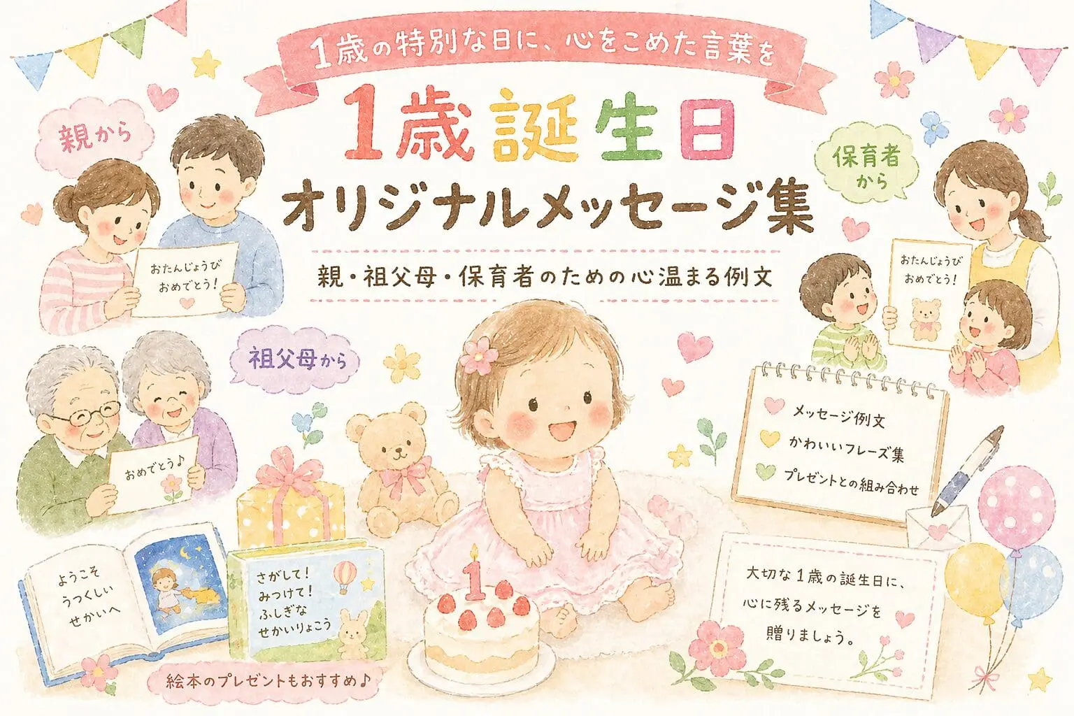 Central baby girl in pink dress at a birthday scene with cake, family cards, and cheering relatives in soft pastel colors, celebrating 1st birthday.