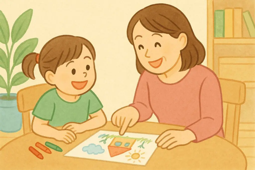 具体的な褒め方で育てる自己肯定感 | 出産祝い誕生日のプレゼントに家族みんなのパーソナライズ絵本|マイステラ 子どもの作品に「ここがすごいね」と具体的に褒める親の姿