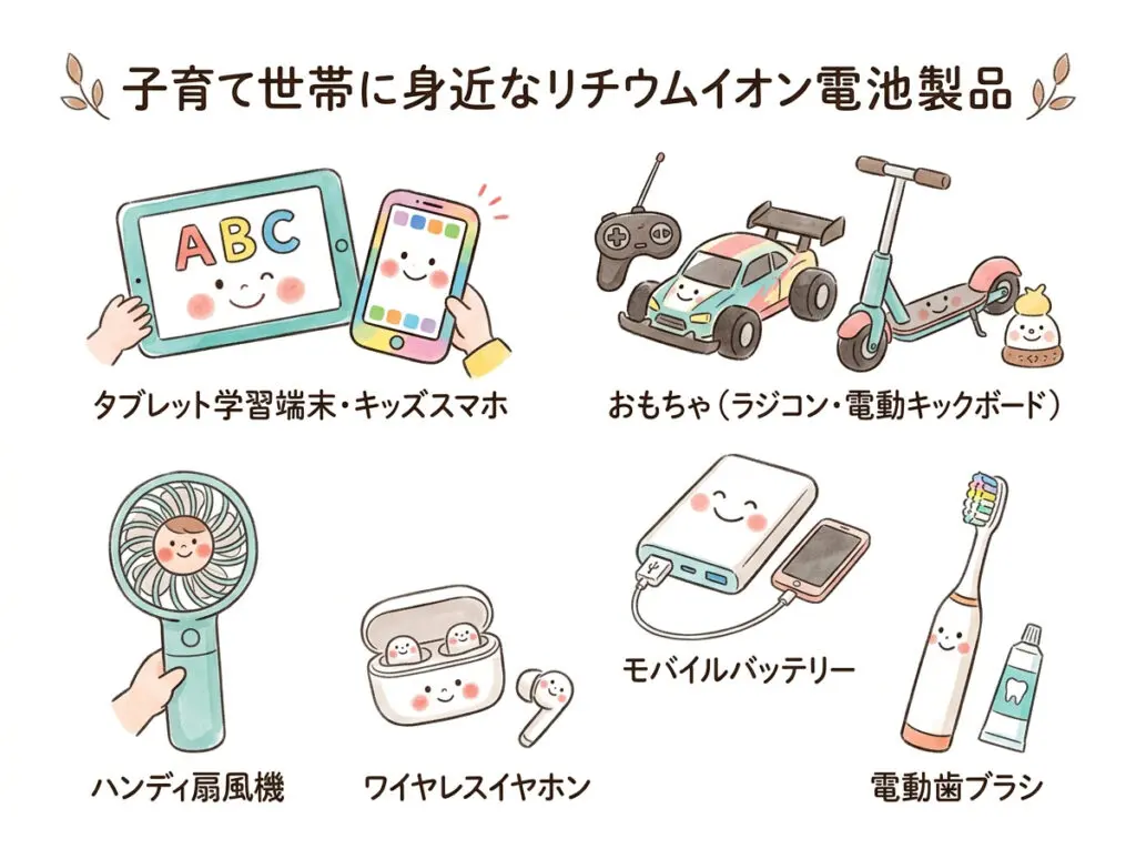 6 types of lithium-ion battery products close to the reproductive age: tablet learning terminals, kids smartphones, toys (radios, electric toy cars), hand fans, wireless phones, mobile batteries, electric toothbrushes