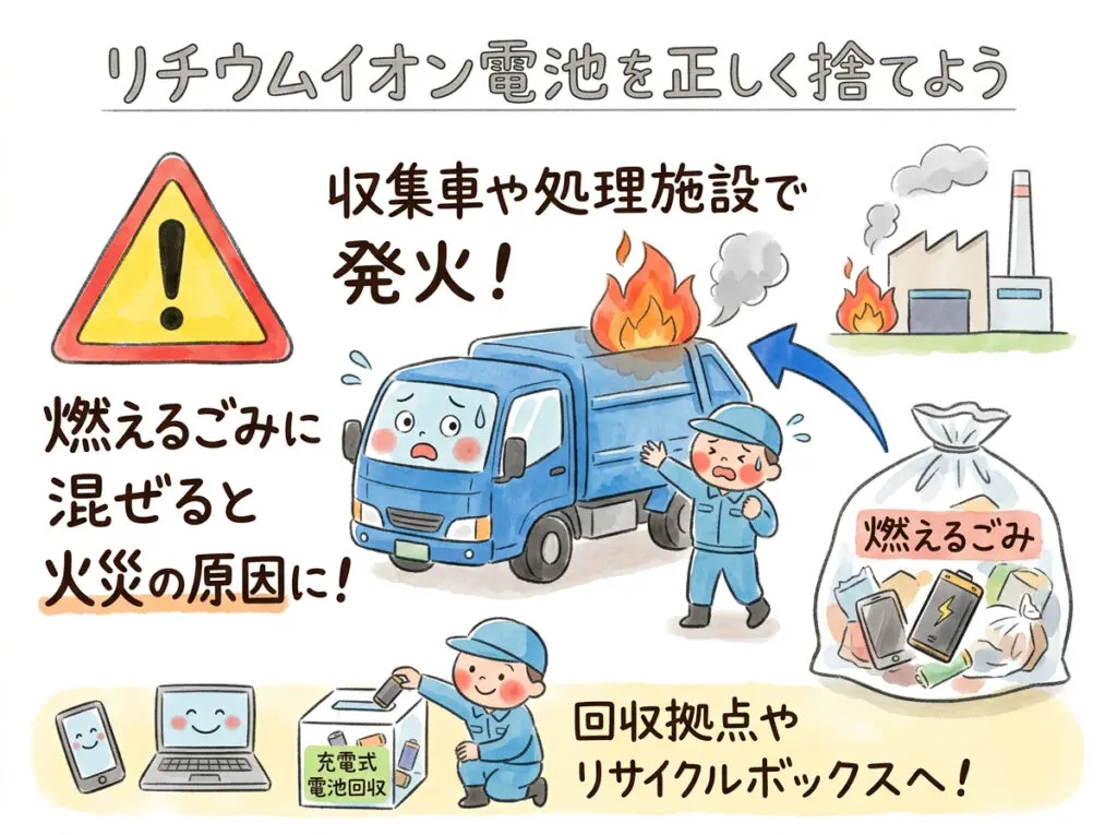 A warning illustration showing the danger of lithium-ion batteries igniting when mixed with garbage, or causing fires at collection vehicles and processing facilities.