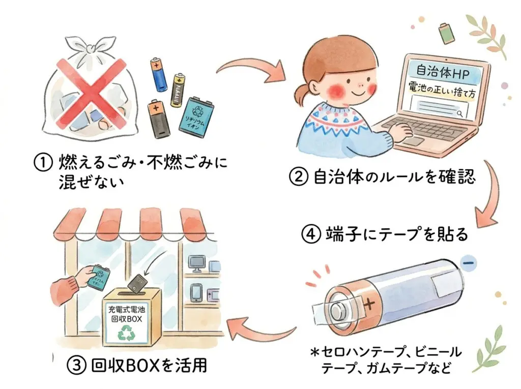 Correct 4 steps for lithium-ion battery disposal: ① Do not mix with burnable garbage ② Confirm municipal rules ③ Use collection BOX ④ Insulate terminals