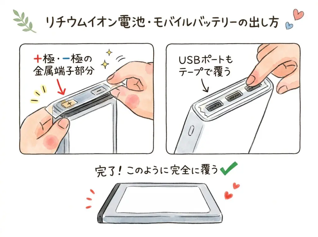 How to handle mobile batteries: Tape the terminals of the metal part (+ and -) and the USB port, and then completely cover them. (Diagram)