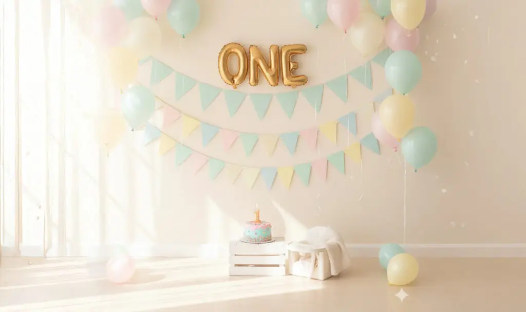 1歳誕生日用に装飾されたフォトブース