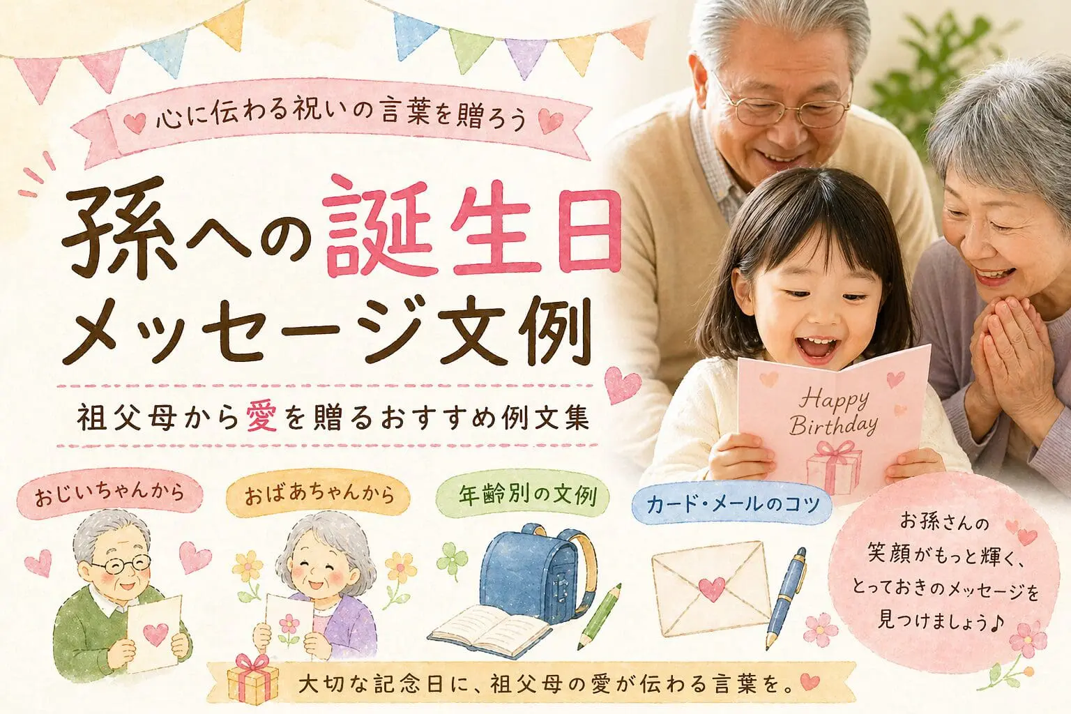Granddaughter showing a pink 'Happy Birthday' card to smiling grandparents in a pastel birthday banner scene. (informative)