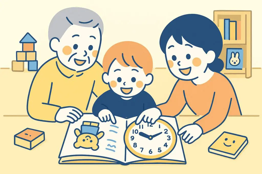 親子と祖父母が絵本を開き、アナログ時計を指差しながら楽しく時計学習をしているイラスト