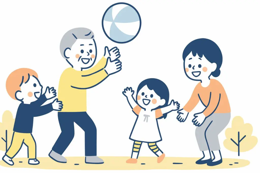 ボールで遊ぶ祖父母と孫のイラスト。シンプルで優しいタッチの家族の絵。