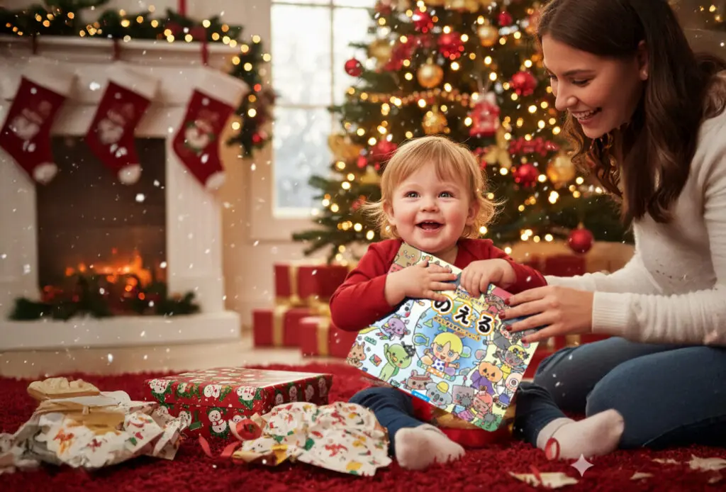 クリスマスツリーの前で、母親と一緒に絵本を開いて満面の笑みを浮かべる幼児。
