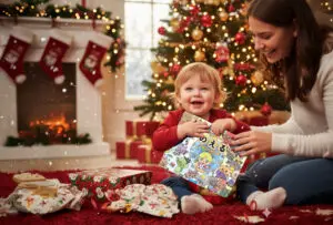 クリスマスツリーの前で、母親と一緒に絵本を開いて満面の笑みを浮かべる幼児。