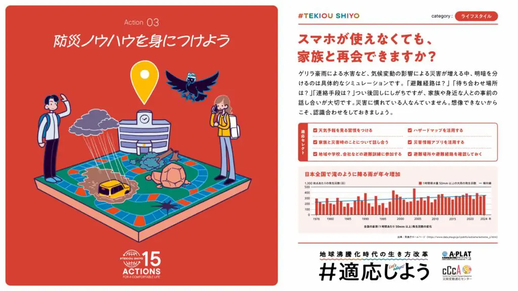 防災ノウハウを身につけよう適応アクション03 | my stella | 出産祝い誕生日のプレゼントに家族みんなのパーソナライズ絵本|マイステラ 「#適応しよう」キャンペーンのAction 03「防災ノウハウを身につけよう」。避難場所を確認する家族のイラスト。MY STELLAがBCP策定で実践する適応アクション。