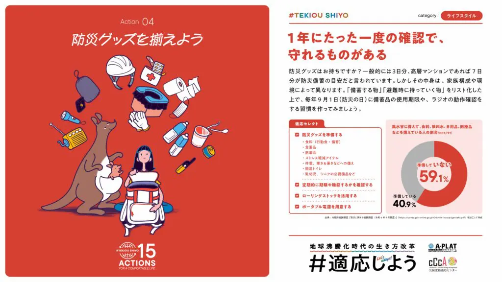 防災グッズを揃えよう適応アクション04 | my stella参考資料 | 出産祝い誕生日のプレゼントに家族みんなのパーソナライズ絵本|マイステラ 「#適応しよう」キャンペーンのAction 04「防災グッズを揃えよう」。防災用品のイラスト。気候変動時代の備えを示す適応アクション。