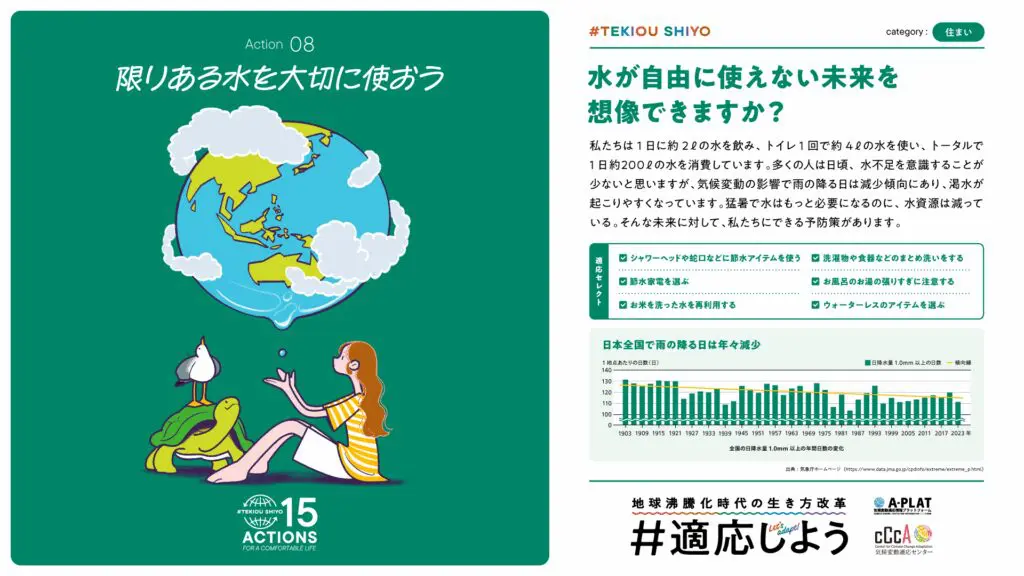 限りある水を大切に使おう適応アクション08 | my stella | 出産祝い誕生日のプレゼントに家族みんなのパーソナライズ絵本|マイステラ 「#適応しよう」キャンペーンのAction 08「限りある水を大切に使おう」。地球と水資源を守るイラスト。MY STELLAが環境配慮素材で実践する適応アクション。