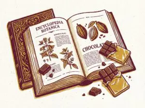 チョコレートとカカオをテーマにした百科事典風のリソグラフ調イラスト