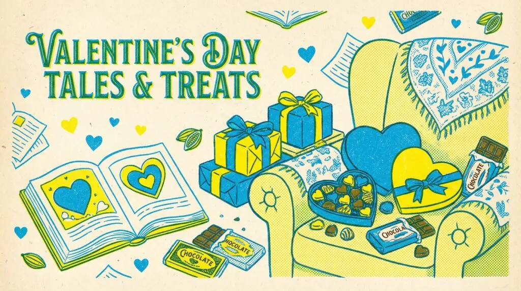 バレンタインにチョコレート絵本を読み聞かせする親子の時間を描いたイラスト。絵本とチョコレート、プレゼントが並ぶ温かい雰囲気