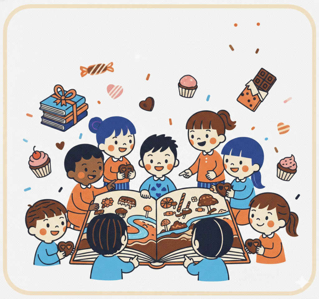 絵本を囲む子どもたちが、チョコレートやお菓子を持ちながら笑顔で読み聞かせを楽しんでいるイラスト。チョコレートや本、カップケーキなどがちりばめられ、親子や友達と分け合う楽しさが伝わる温かい雰囲気。