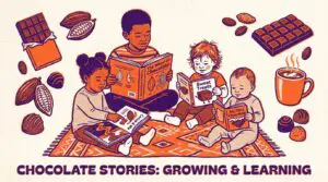 年齢の異なる子どもたちがチョコレート絵本を読んでいるイラスト。カカオやチョコレートのモチーフが描かれた年齢別ガイド用画像