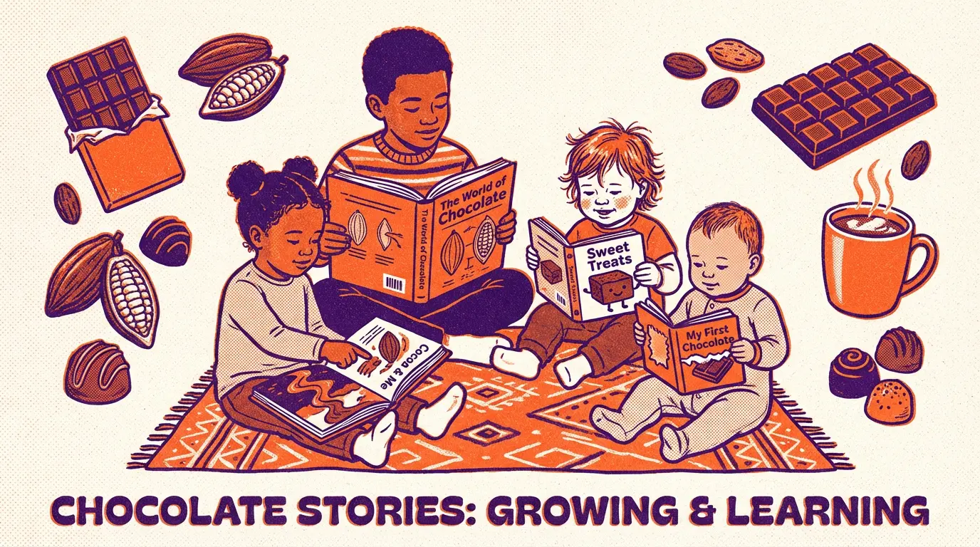 年齢の異なる子どもたちがチョコレート絵本を読んでいるイラスト。カカオやチョコレートのモチーフが描かれた年齢別ガイド用画像