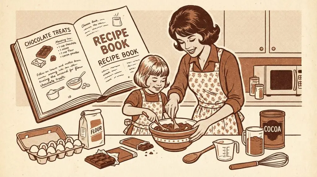 チョコレートのレシピ絵本を見ながら、親子でお菓子作りを楽しんでいる様子のイラスト