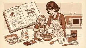 チョコレートのレシピ絵本を見ながら、親子でお菓子作りを楽しんでいる様子のイラスト