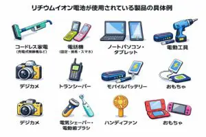 リチウムイオン電池が使用されている製品例（電動工具、スマートフォン、ノートパソコン、モバイルバッテリーなど）のイラスト一覧