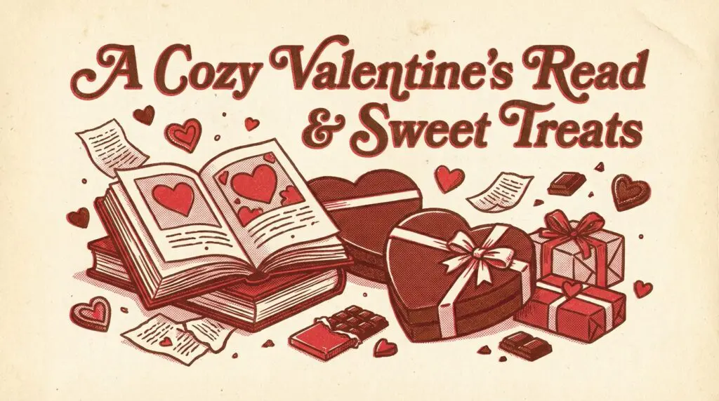 バレンタインにチョコレート絵本を読むイメージのリソグラフ風イラスト