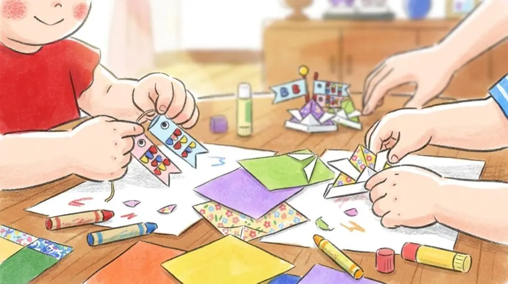 折り紙で鯉のぼりを作る子供の手元、親子で楽しむこどもの日の工作