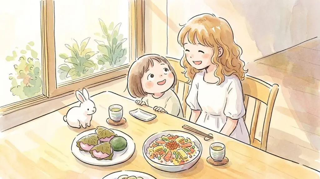 こどもの日の定番の食べ物である柏餅とちらし寿司を囲んで笑顔で食事をする母と子