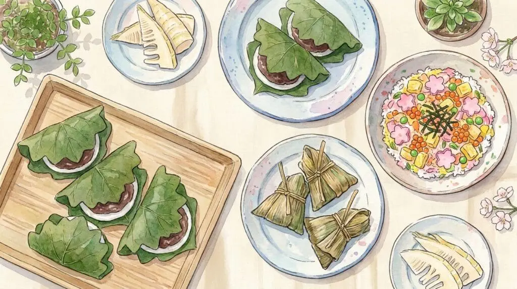 こどもの日の定番の食べ物である柏餅・ちまき・ちらし寿司・たけのこが並ぶ伝統的な食卓