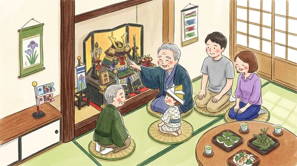 祖父母と孫が囲む五月人形、三世代で祝うこどもの日の伝統行事
