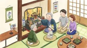 祖父母と孫が囲む五月人形、三世代で祝うこどもの日の伝統行事