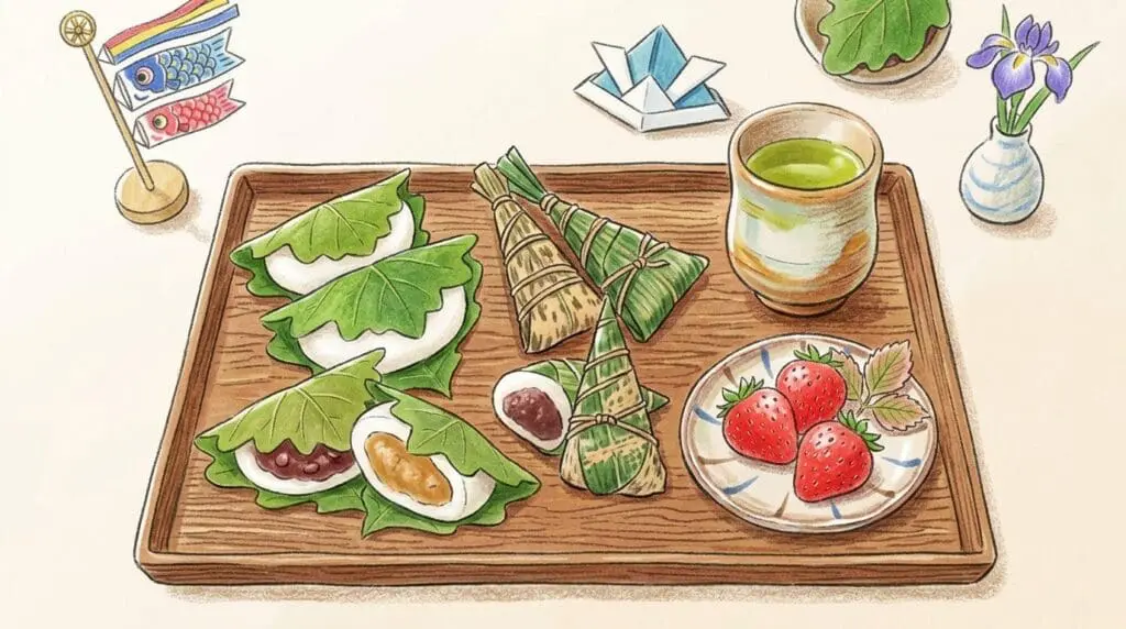柏餅とちまきが並ぶこどもの日の伝統的な和菓子、端午の節句の食べ物