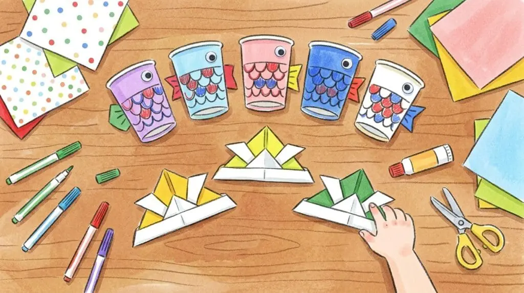 手作りこいのぼりと兜の工作作品