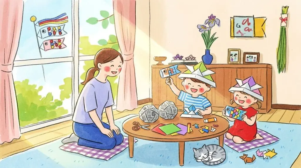 こどもの日に親子で工作を楽しむ笑顔の家族