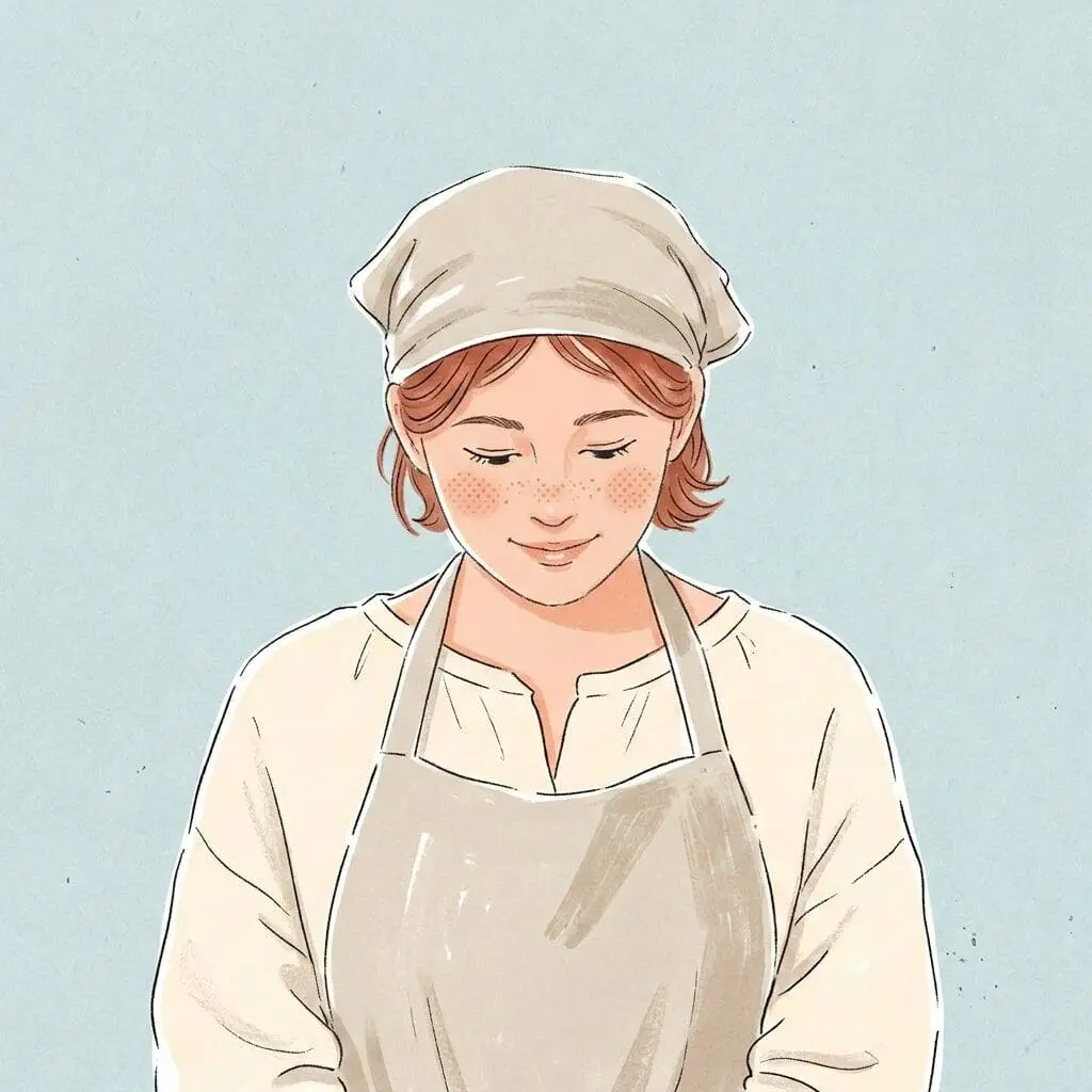 栄養士の杉山味乃里さんのプロフィール写真。きなりの色のバンダナとエプロン、全体的に優しいいろづかいの服装をしている。