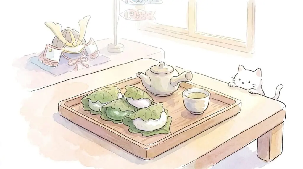 端午の節句に込められた意味を象徴する柏餅と五月飾りが並ぶ伝統的な食卓