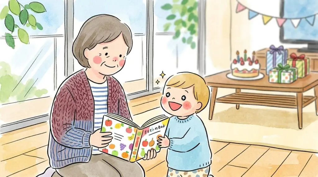 祖父母から孫へ誕生日プレゼントの絵本を手渡す温かい瞬間