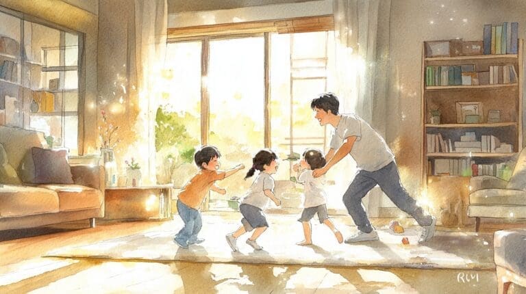 現代のリビングで忍者ごっこを楽しむ親子の水彩イラスト