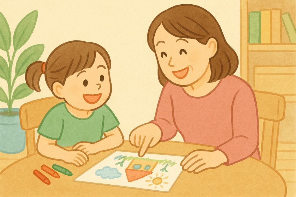 具体的な褒め方で育てる自己肯定感 | my stellaマイステラブログ|子どもの好きが育つヒントと親子の時間 子どもの作品に「ここがすごいね」と具体的に褒める親の姿