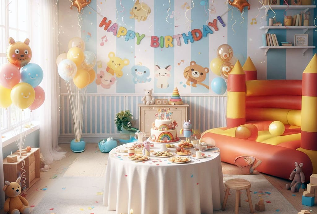 1歳の誕生日を祖父母と祝うバースデーシーン（風船とケーキ）