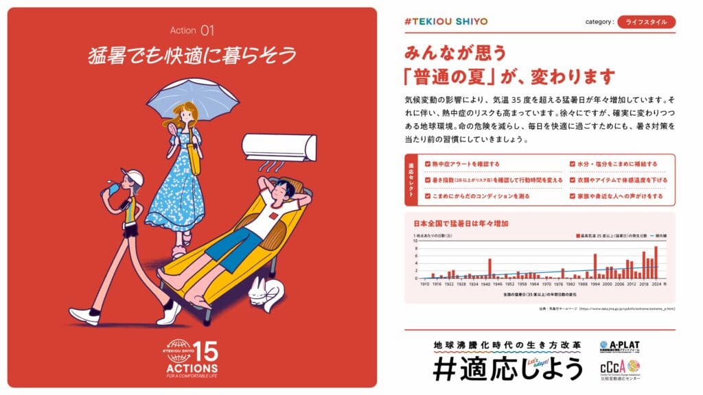 猛暑でも快適に暮らそう適応アクション01 | my stella | 出産祝い誕生日のプレゼントに家族みんなのパーソナライズ絵本|マイステラ 「#適応しよう」キャンペーンのAction 01「猛暑でも快適に暮らそう」。日傘をさす親子と室内で涼むイラスト。MY STELLAが実践する適応アクション。