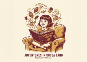 チョコレートの本を読む女の子と、カカオやチョコのモチーフが舞うリソグラフ風イラスト