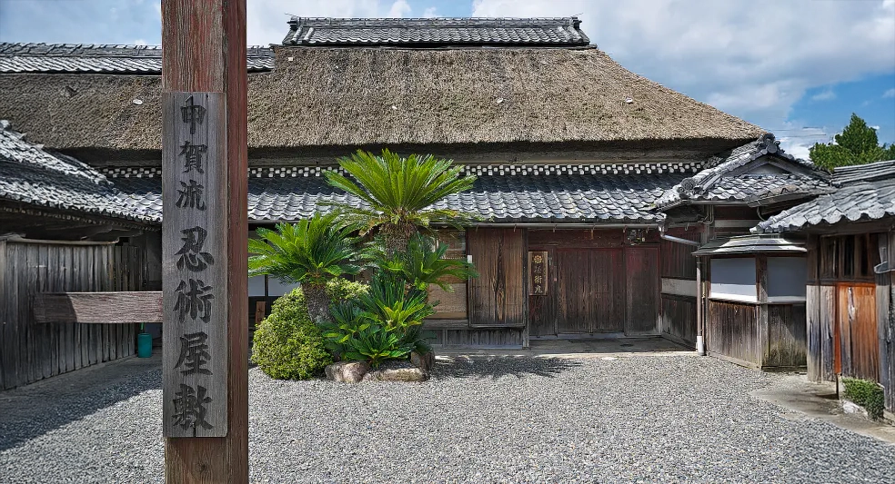 Kogaryuninjutsuyashikiexterior | 出産祝い誕生日のプレゼントに家族みんなのパーソナライズ絵本|マイステラ 滋賀県甲賀市にある甲賀流忍術屋敷の外観。茅葺き屋根の伝統的な建物と庭、木製の「甲賀流 忍術屋敷」と書かれた看板が見える