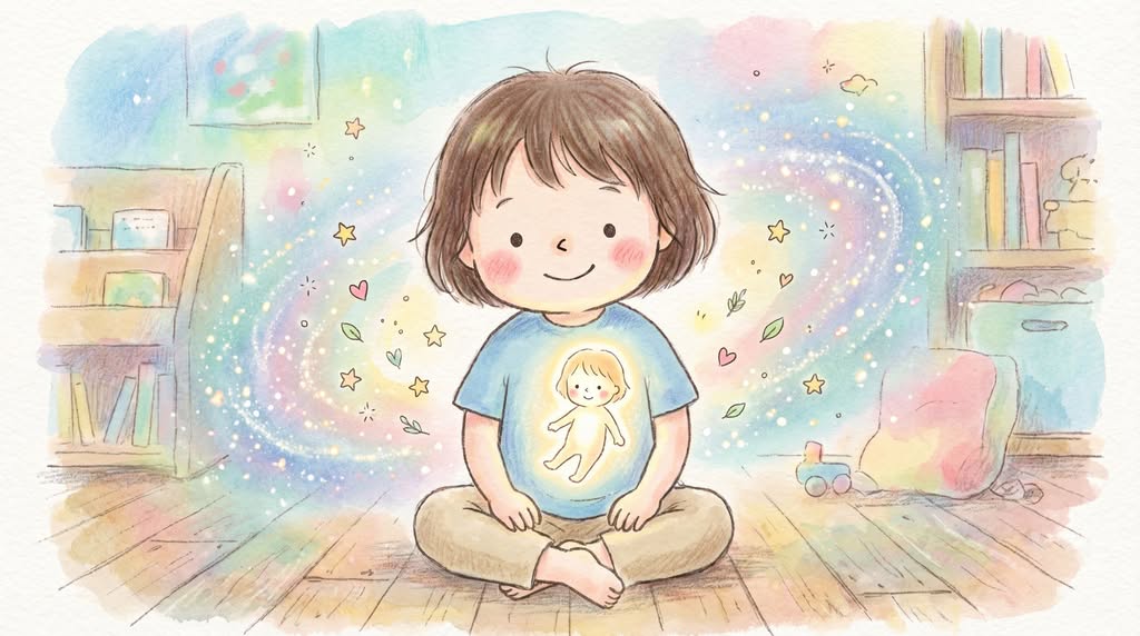 Inner-self-imaginary-companion-child 子どもの内側にいるもうひとりの存在を表現したイラスト