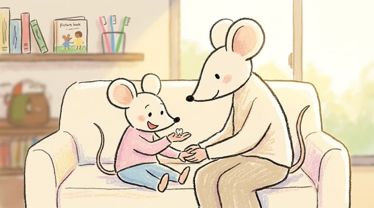 mother-child-celebrate-baby-tooth リビングで母親と子どもが抜けた乳歯を嬉しそうに見つめる成長の瞬間、午後の自然光に包まれた温かい親子の様子