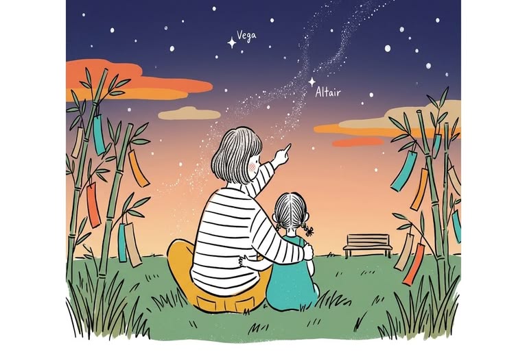 tanabata-parent-child-stargazing-story 七夕の夜空を見上げる親子の後ろ姿、天の川と星々が輝く夕暮れの風景