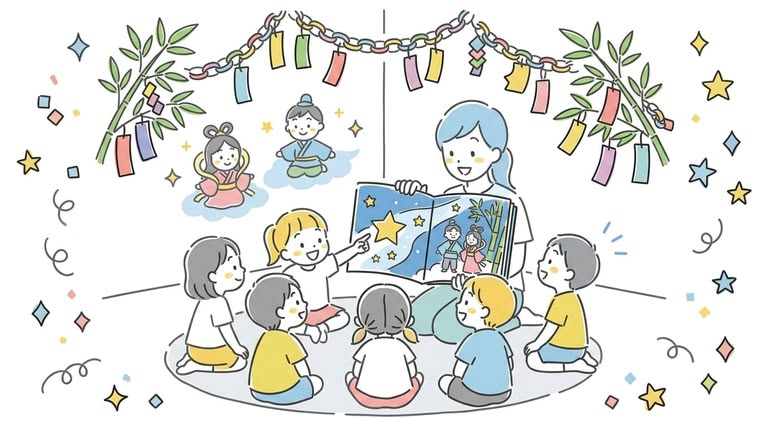 tanabata-storytime-hoikuen-children 保育園で七夕絵本の読み聞かせを楽しむ子どもたちと保育士、笹飾りが背景に飾られている